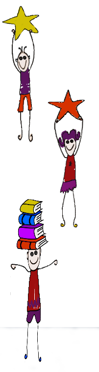 A cartoon boy holding up a star, a cartoon girl holding up a star and a cartoon boy with a pile of books on his head.